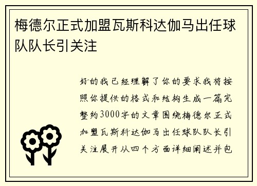 梅德尔正式加盟瓦斯科达伽马出任球队队长引关注