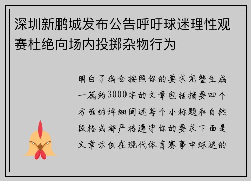 深圳新鹏城发布公告呼吁球迷理性观赛杜绝向场内投掷杂物行为